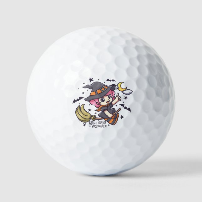Niedliche Hexe auf einem Broomstick Golfball (Vorderseite)