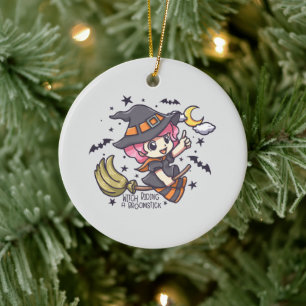 Niedliche Hexe auf einem Broomstick Keramik Ornament