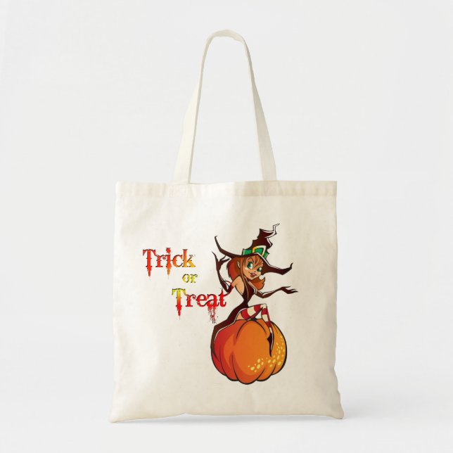 Niedliche Hexe auf Kürbiskreifer Halloween-Taschen Tragetasche (Vorne)
