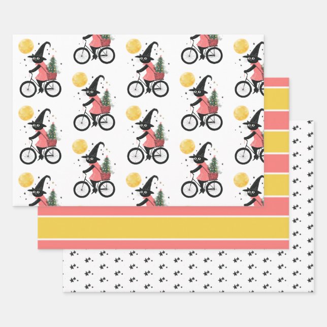 Niedliche Hexe Black Cat Radfahren Spooky Weihnach Geschenkpapier Set (Set)