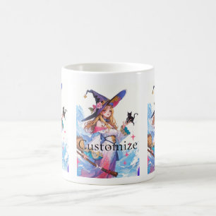 Niedliche Hexe, die die schwarze Katze hält, Thund Kaffeetasse
