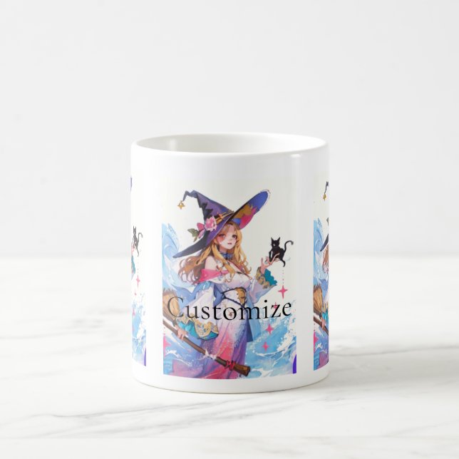 Niedliche Hexe, die die schwarze Katze hält, Thund Kaffeetasse (Mittel)