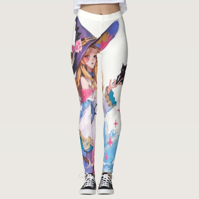 Niedliche Hexe, die die schwarze Katze hält, Thund Leggings (Vorderseite)
