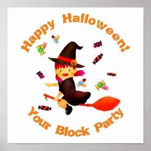 Niedliche Hexe fliegt auf ihrem Broom Halloween Poster