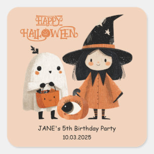 Niedliche Hexe & Ghost Kids Halloween-Party Quadratischer Aufkleber
