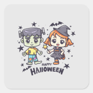 Niedliche Hexe Girl and Mischievous Zombie Boy Quadratischer Aufkleber
