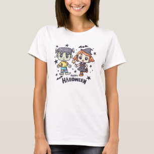 Niedliche Hexe Girl and Mischievous Zombie Boy T-Shirt