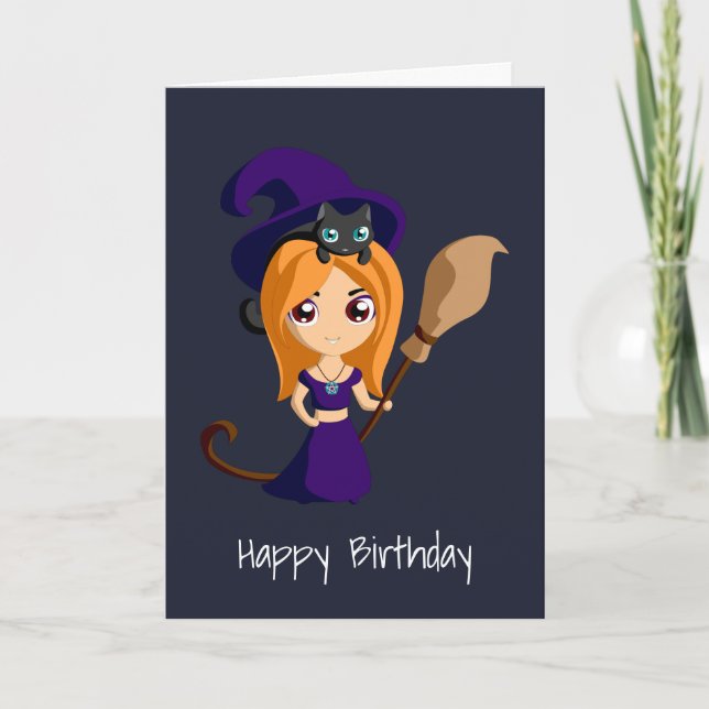 Niedliche Hexe im Lila Happy Birthday Karte (Vorderseite)