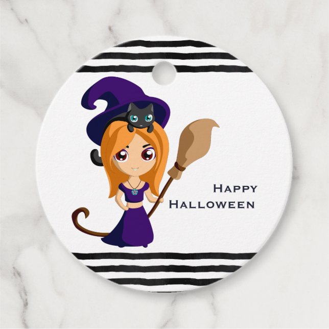 Niedliche Hexe im Lila HutHalloween Geschenkanhänger (Vorderseite)