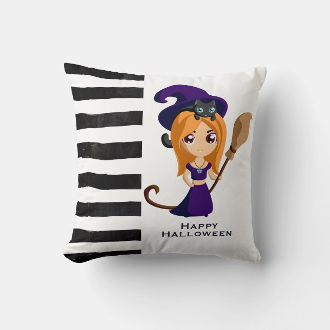 Niedliche Hexe im Lila HutHalloween Kissen (Vorderseite)