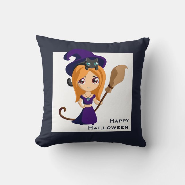 Niedliche Hexe im Lila HutHalloween Kissen (Vorderseite)