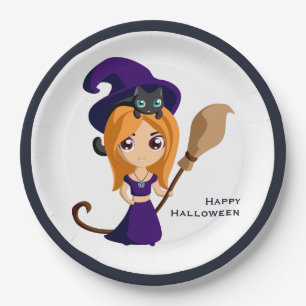 Niedliche Hexe im Lila HutHalloween Pappteller