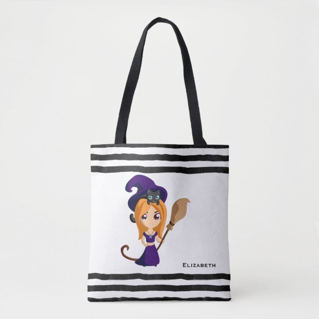 Niedliche Hexe im Lila HutHalloween Tasche (Vorderseite)