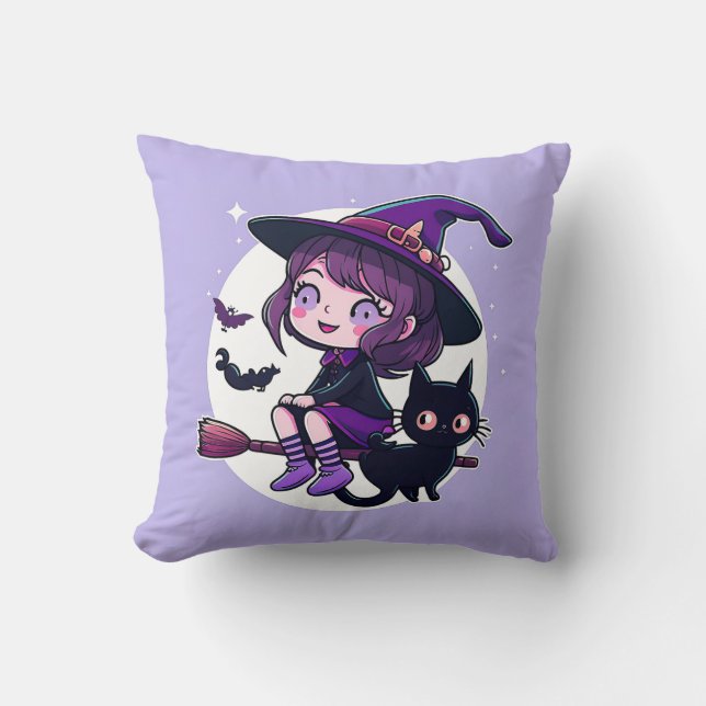 Niedliche Hexe mit einem Broom Black Cat Bats Moon Kissen (Vorderseite)