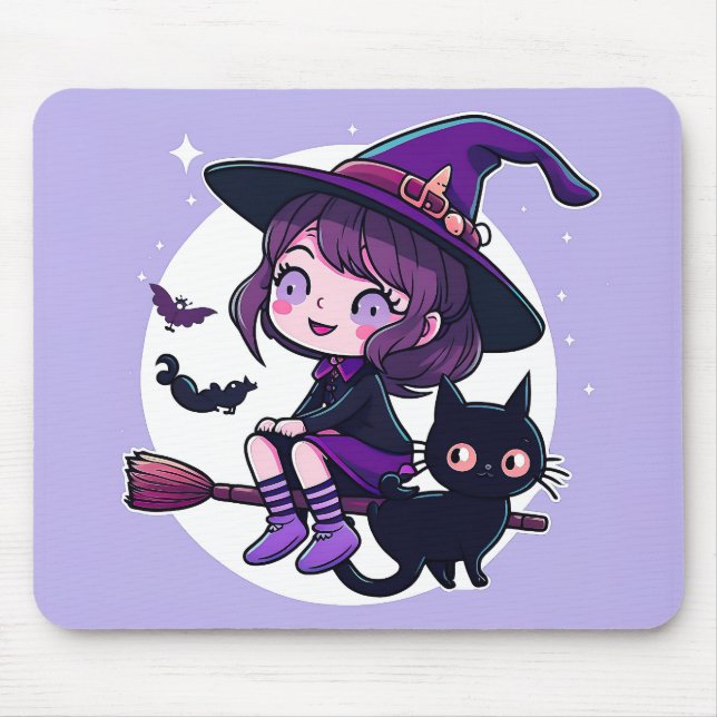Niedliche Hexe mit einem Broom Black Cat Bats Moon Mousepad (Vorne)