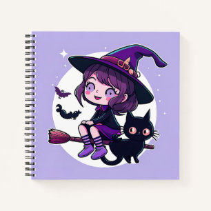 Niedliche Hexe mit einem Broom Black Cat Bats Moon Notizbuch