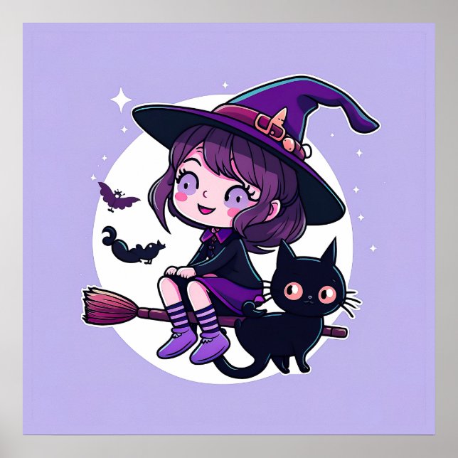 Niedliche Hexe mit einem Broom Black Cat Bats Moon Poster (Vorne)