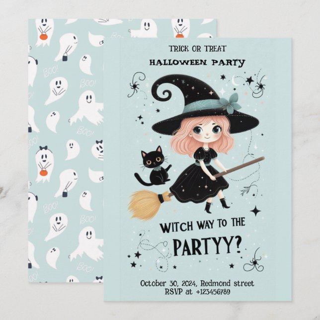 Niedliche Hexe mit Halloween Pun Party Einladung (Vorne/Hinten)