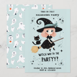 Niedliche Hexe mit Halloween Pun Party Einladung