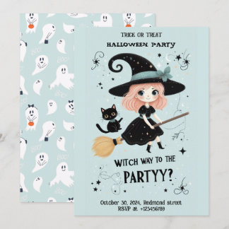 Niedliche Hexe mit Halloween Pun Party Einladung