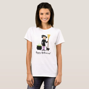 Niedliche Hexe mit ihrem Cat & Happy Halloween Tex T-Shirt