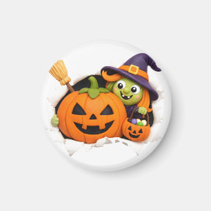 Niedliche Hexe und Jack-o'-Lantern-Tonfigur Magnet