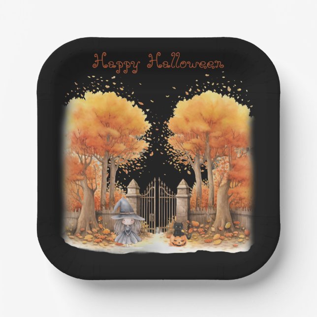 Niedliche Hexe und Katze Außentor Halloween Pappteller (Vorderseite)