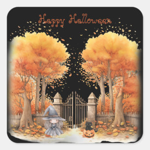 Niedliche Hexe und Katze Außentor Halloween Quadratischer Aufkleber