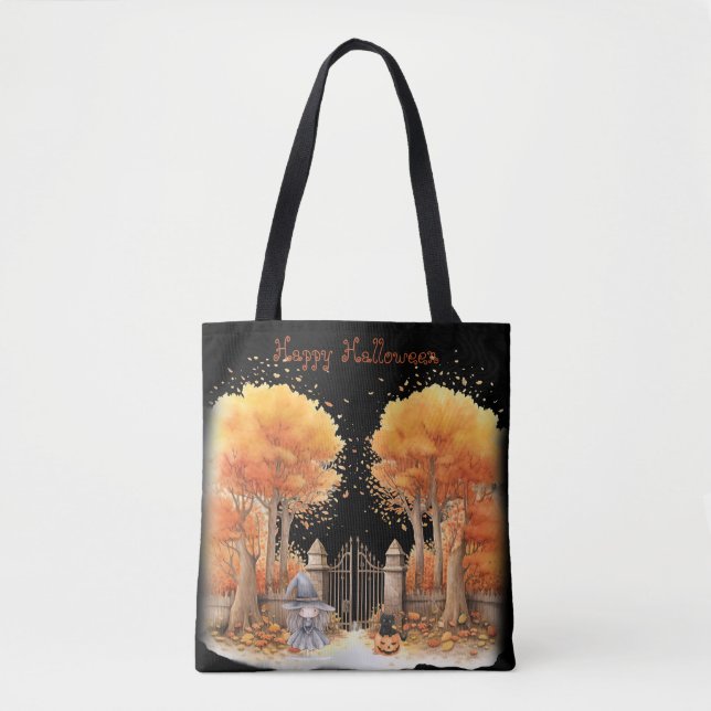 Niedliche Hexe und Katze Außentor Halloween Tasche (Vorderseite)