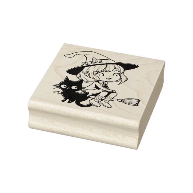 Niedliche Hexe und Schwarze Katze Gummistempel (Stempel)