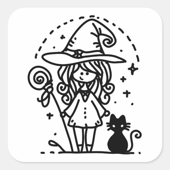 Niedliche Hexe und schwarze Katze Quadratischer Aufkleber (Vorderseite)