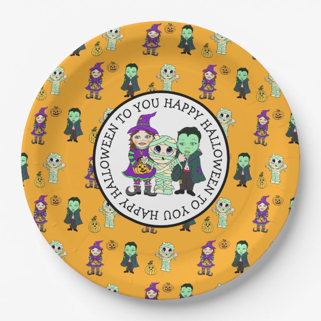 Niedliche Hexe, Vampire und Mummy-Halloween-Party Pappteller (Vorderseite)