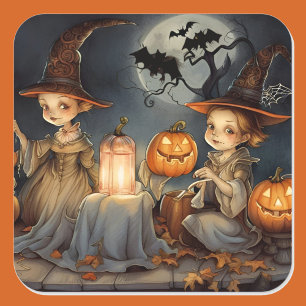 Niedliche Hexen Pumpkin Halloween Fledermäuse Quadratischer Aufkleber