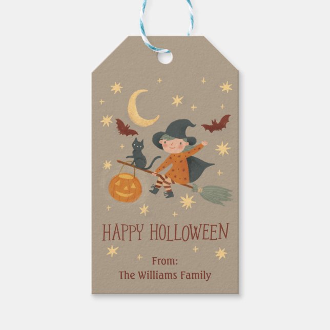 Niedliche Hexenhappy Halloween-Geschenkmarke Geschenkanhänger (Vorderseite)