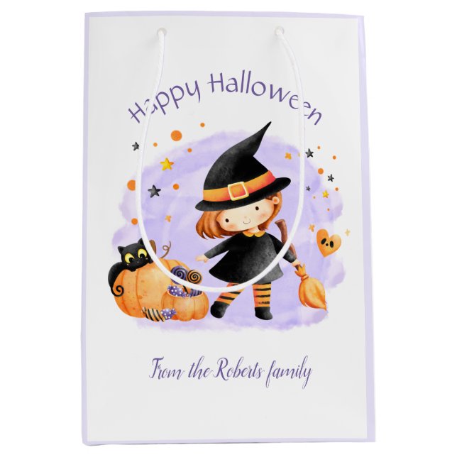 Niedliche Hexenhappy Halloween Personalisierte Ges Mittlere Geschenktüte (Vorderseite)