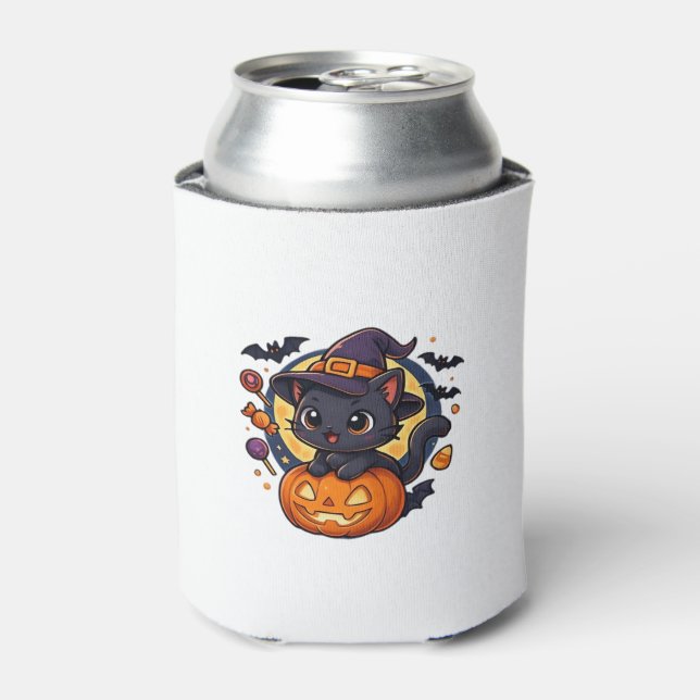 Niedliche Hexenkatze auf Kürbiskahn � Halloween Ar Dosenkühler (Kanne Vorderseite)