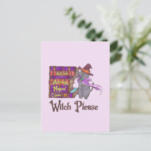 Niedliche Hexenkatze mit Büchern - "Hexe bitte" Postkarte