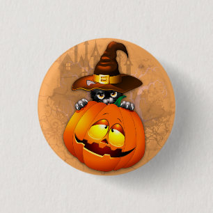 Niedliche Hexenkatze und KürbisHalloween-Freunde Button