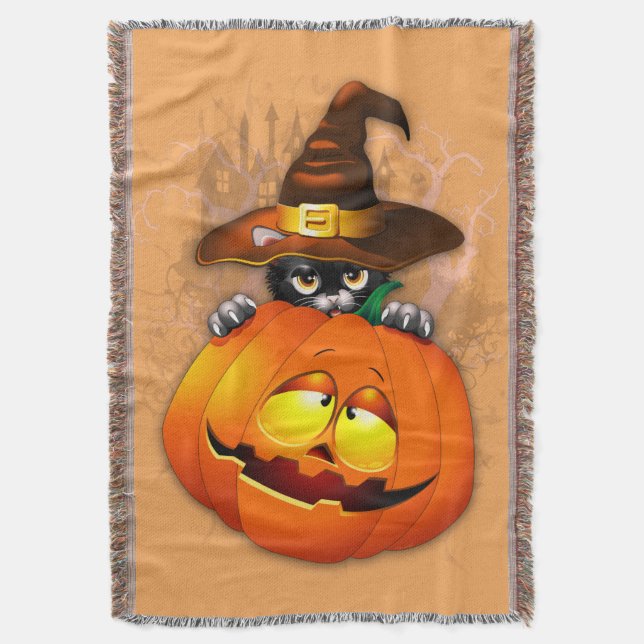Niedliche Hexenkatze und KürbisHalloween-Freunde Decke (Vorderseite Vertikal)