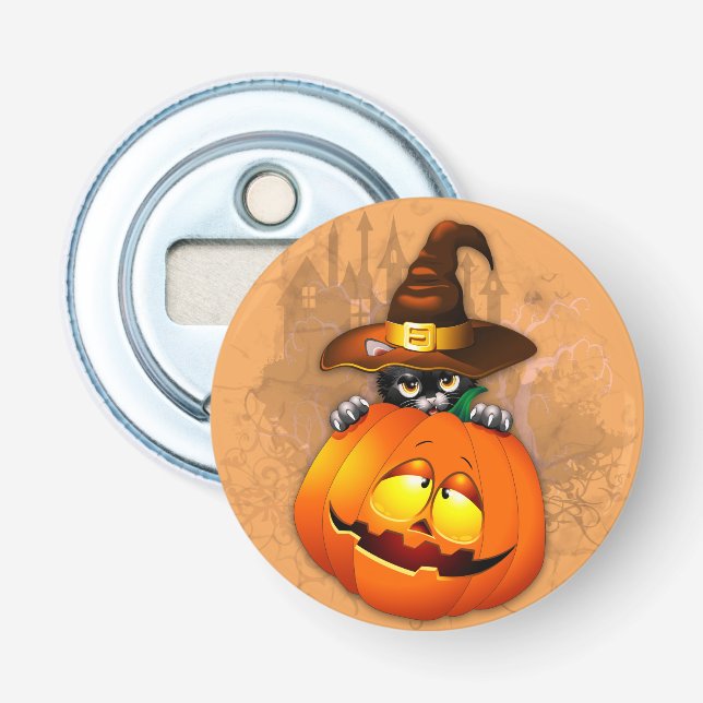Niedliche Hexenkatze und KürbisHalloween-Freunde Flaschenöffner (Vorderseite)