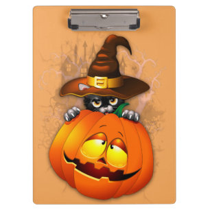 Niedliche Hexenkatze und KürbisHalloween-Freunde Klemmbrett