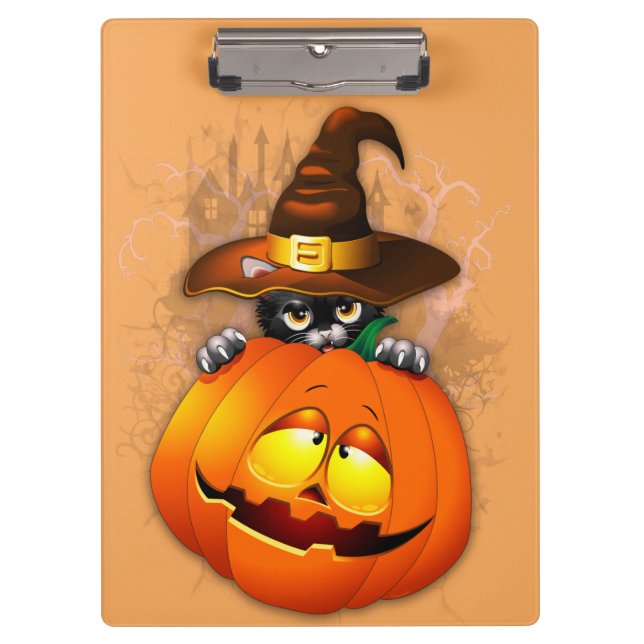 Niedliche Hexenkatze und KürbisHalloween-Freunde Klemmbrett (Vorderseite)