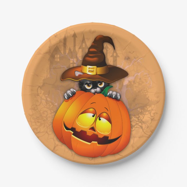 Niedliche Hexenkatze und KürbisHalloween-Freunde Pappteller (Vorderseite)