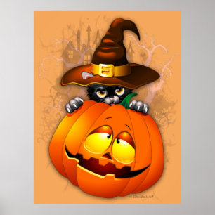 Niedliche Hexenkatze und KürbisHalloween-Freunde Poster