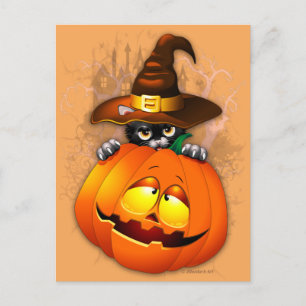 Niedliche Hexenkatze und KürbisHalloween-Freunde Postkarte