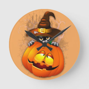 Niedliche Hexenkatze und KürbisHalloween-Freunde Runde Wanduhr