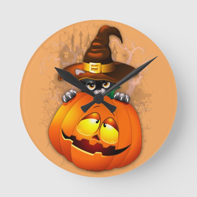 Niedliche Hexenkatze und KürbisHalloween-Freunde Runde Wanduhr (Vorderseite)