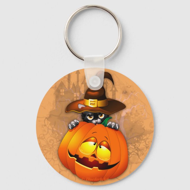 Niedliche Hexenkatze und KürbisHalloween-Freunde Schlüsselanhänger (Vorderseite)