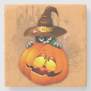 Niedliche Hexenkatze und KürbisHalloween-Freunde Steinuntersetzer