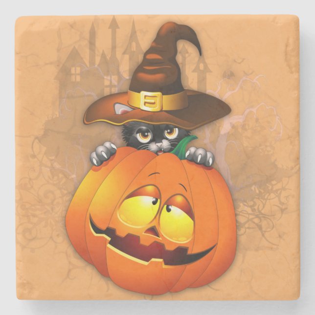 Niedliche Hexenkatze und KürbisHalloween-Freunde Steinuntersetzer (Vorderseite)